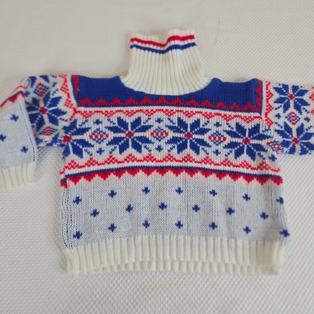 Vintage 80s Kids Size 3 Nordic Sweater Turtleneck Snowflake Blue Red White